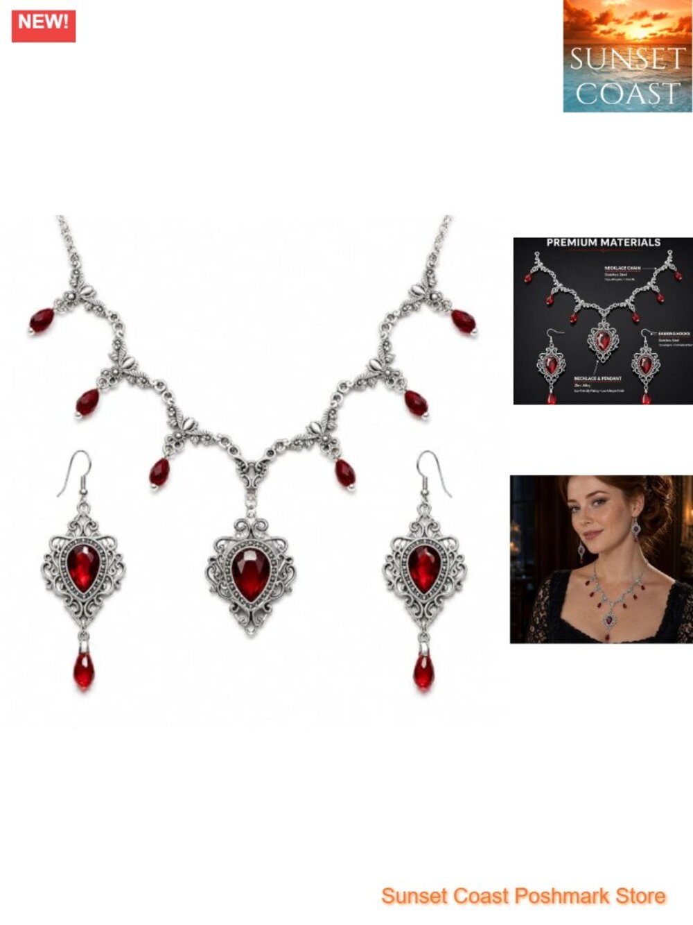 Victorian Gothic Necklace Earrings Set Zinc Alloy Crystal Statement Jewelry